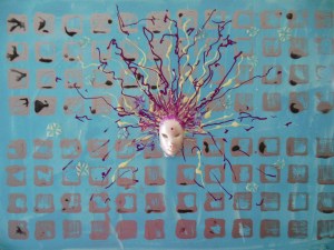 "Emotion and Reason"  24" x 36" acrylic on canvas w/ceramic details and glow 2012